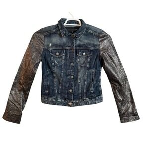 NWT Vintage Express Jeans Denim Jacket Metallic Sparkle Sleeve Blue XS